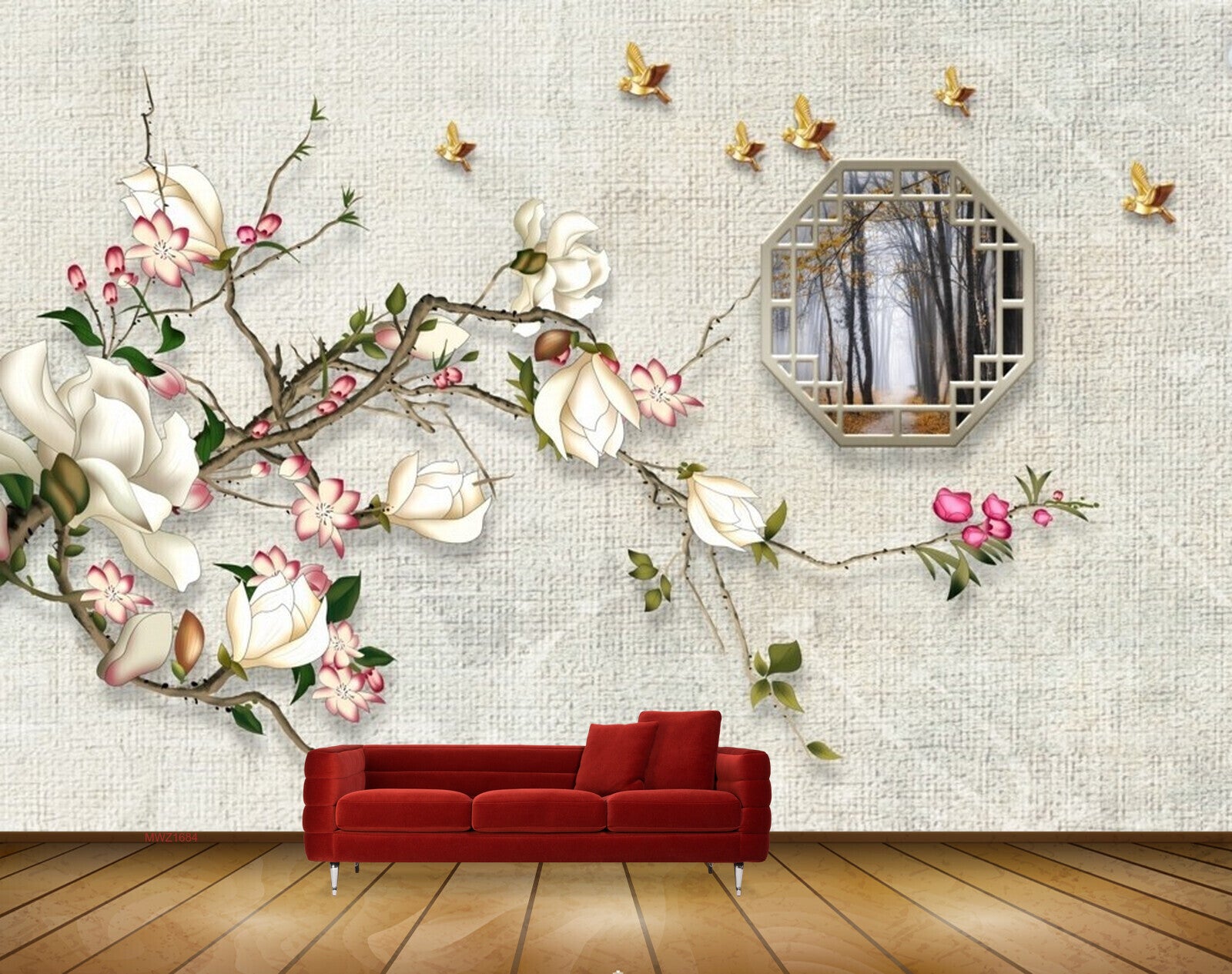 Avikalp MWZ1684 Birds White Pink Flowers Leaves 3D HD Wallpaper