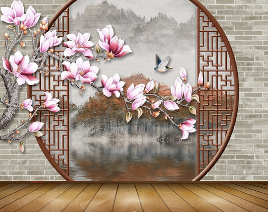 Avikalp MWZ1685 Pink White Flowers Birds 3D HD Wallpaper
