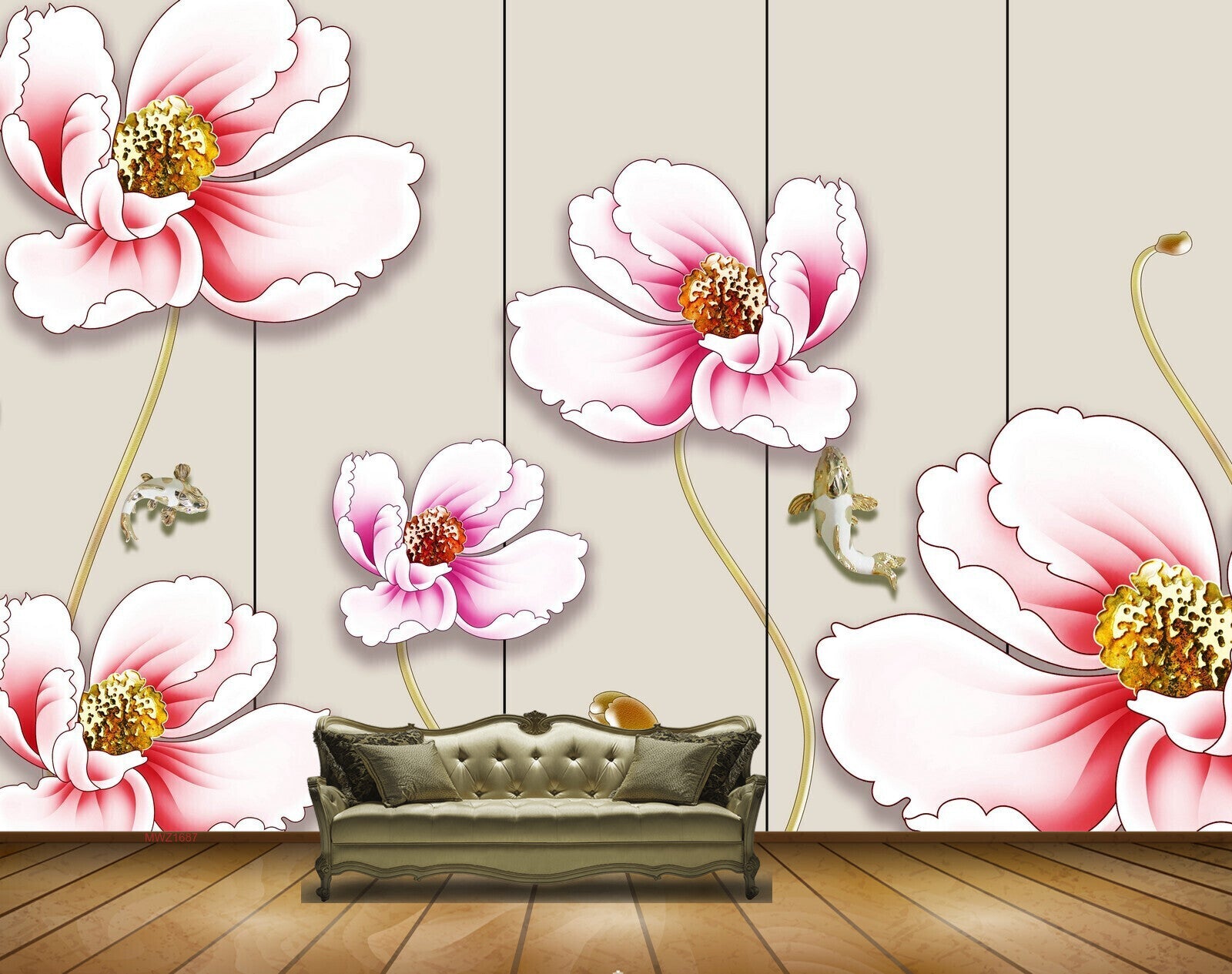 Avikalp MWZ1687 Pink White Flowers Fishes HD Wallpaper