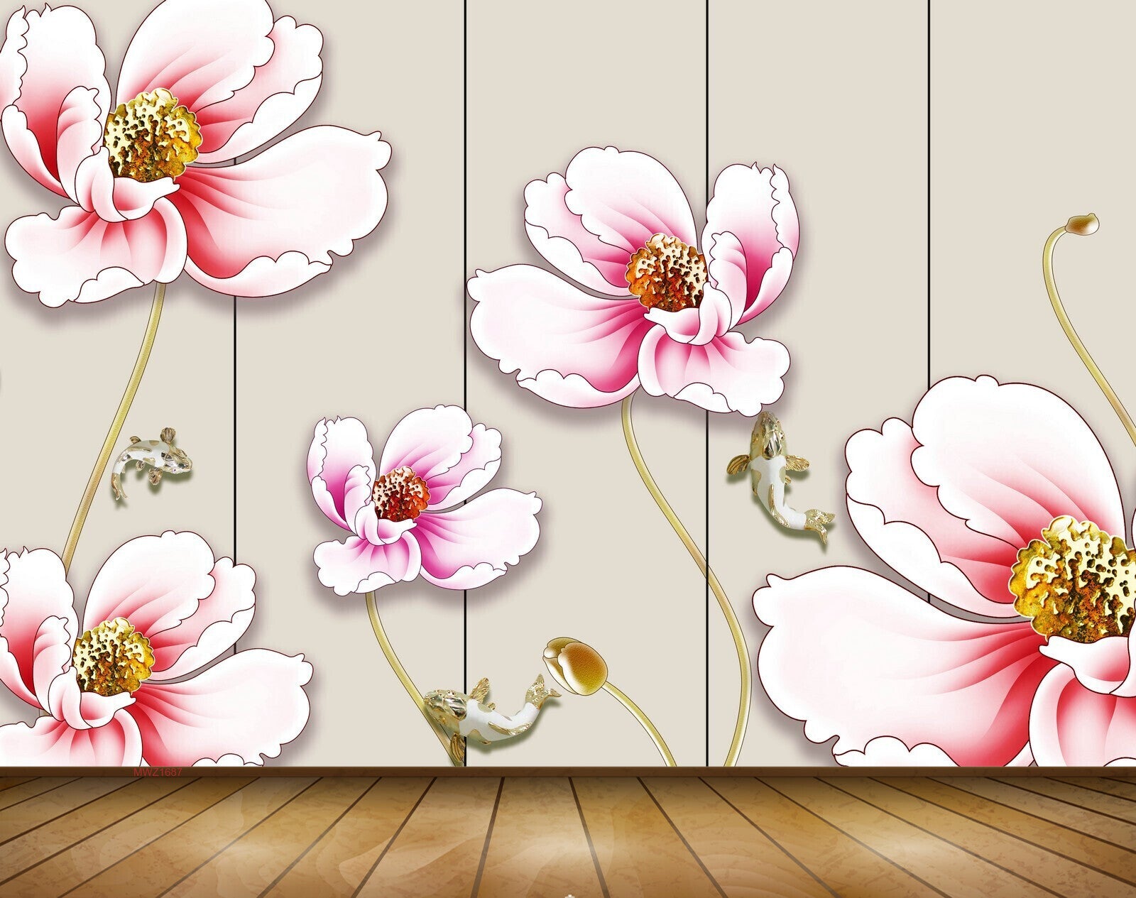 Avikalp MWZ1687 Pink White Flowers Fishes 3D HD Wallpaper