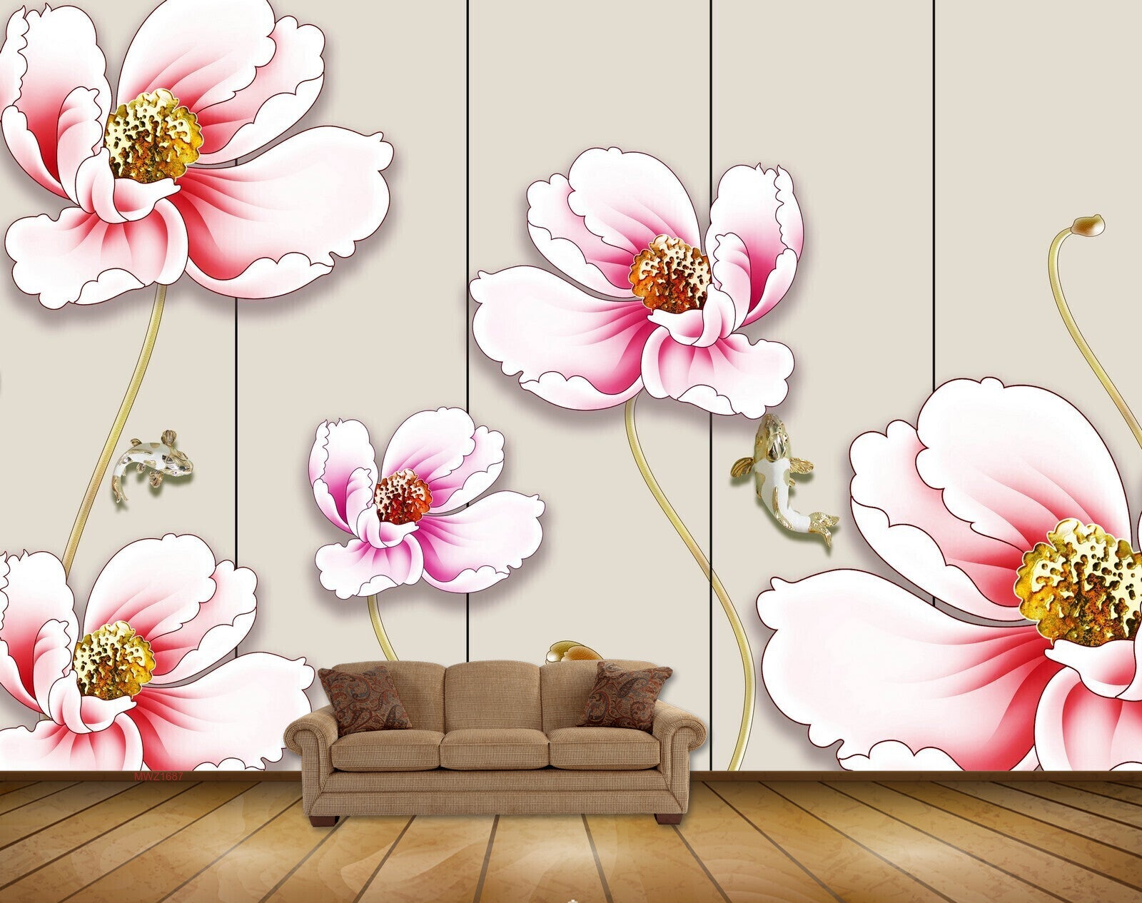 Avikalp MWZ1687 Pink White Flowers Fishes 3D HD Wallpaper