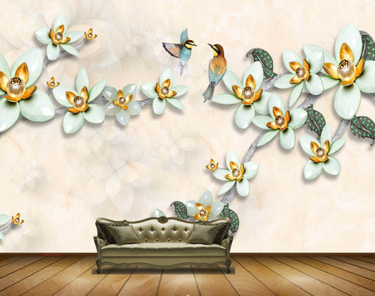 Avikalp MWZ1690 Green Flowers Green Birds HD Wallpaper