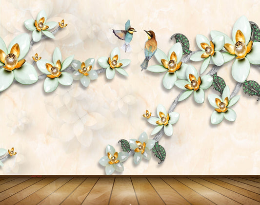Avikalp MWZ1690 Green Flowers Green Birds 3D HD Wallpaper