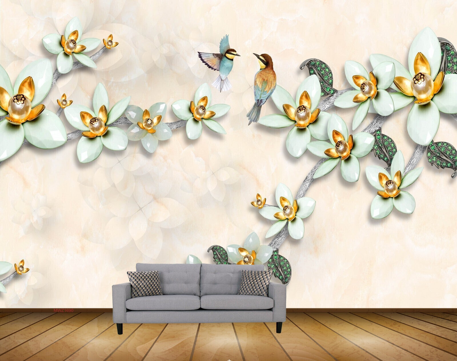 Avikalp MWZ1690 Green Flowers Green Birds 3D HD Wallpaper
