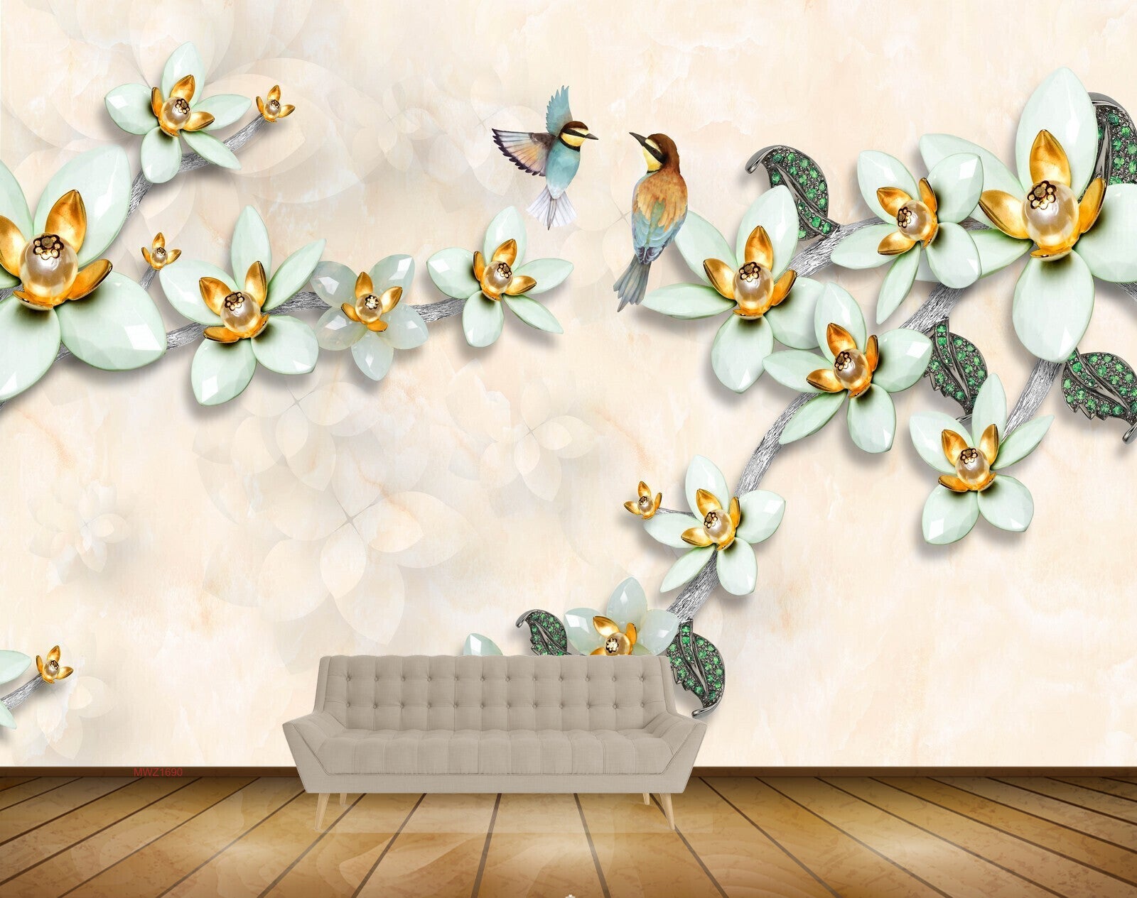 Avikalp MWZ1690 Green Flowers Green Birds 3D HD Wallpaper