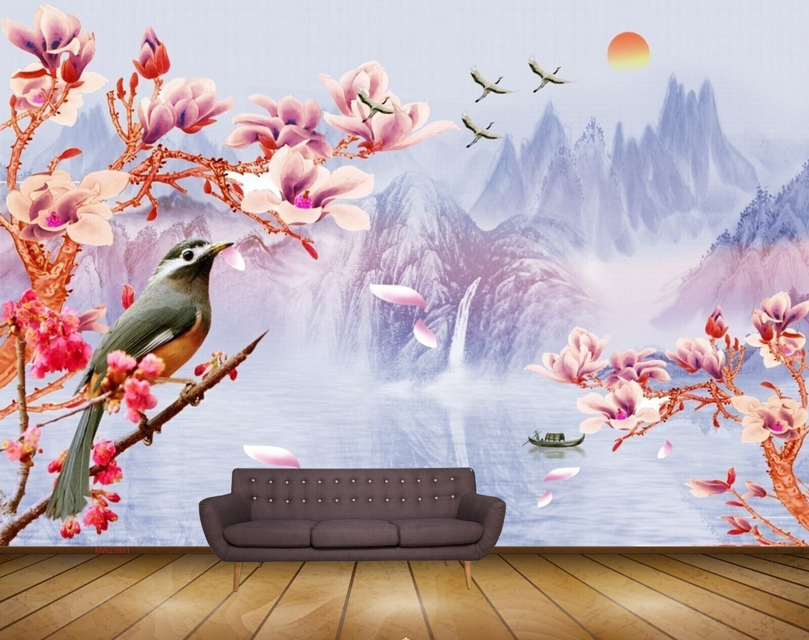 Avikalp MWZ1691 Pink White Flowers Birds Boat HD Wallpaper