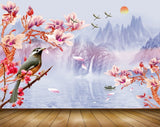 Avikalp MWZ1691 Pink White Flowers Birds Boat 3D HD Wallpaper