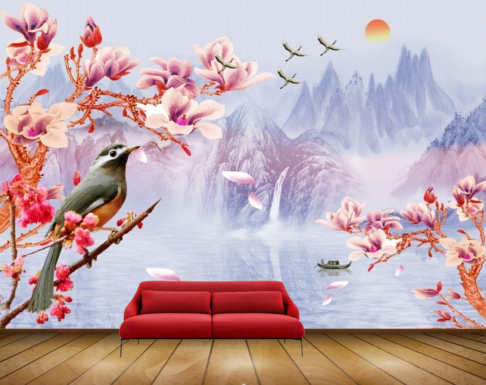 Avikalp MWZ1691 Pink White Flowers Birds Boat 3D HD Wallpaper
