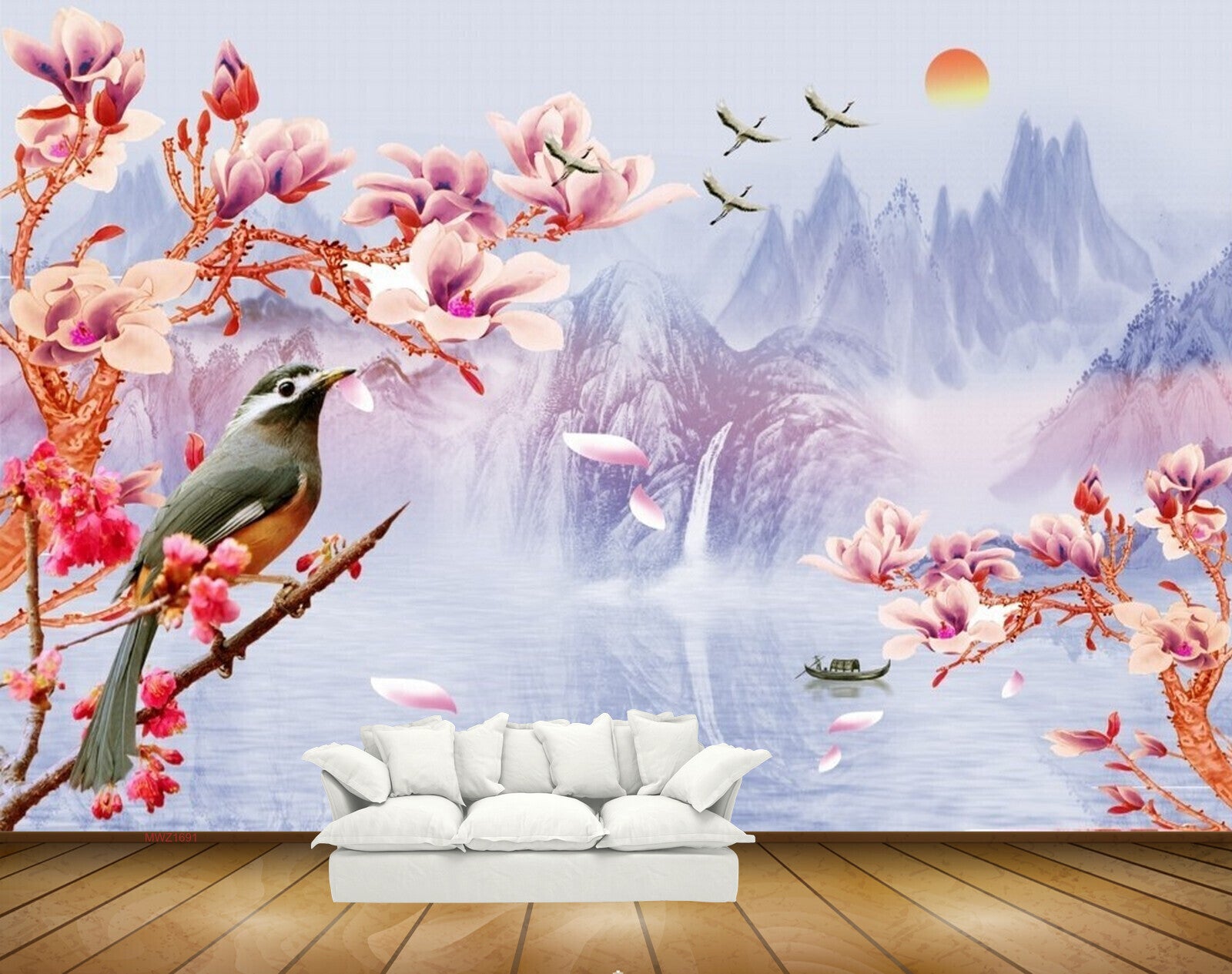 Avikalp MWZ1691 Pink White Flowers Birds Boat 3D HD Wallpaper