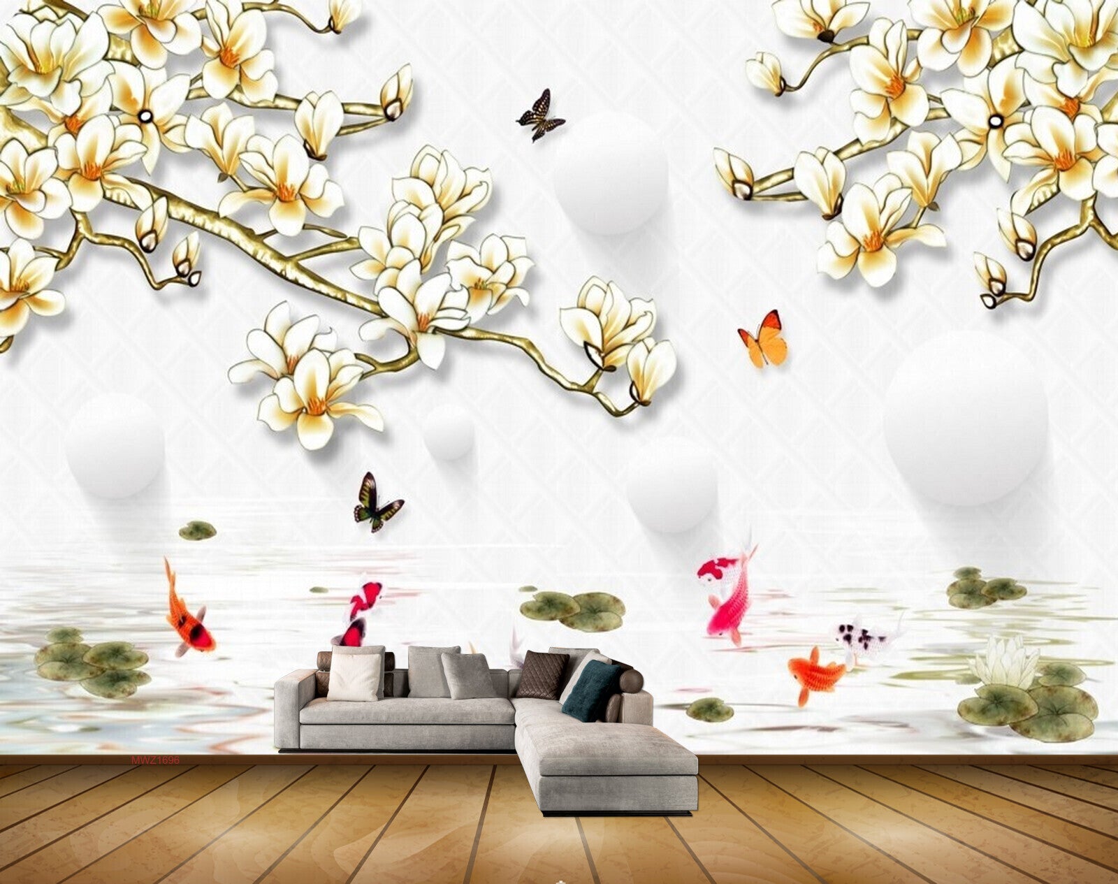 Avikalp MWZ1696 White Yellow Flowers Butterflies Fishes HD Wallpaper