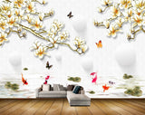Avikalp MWZ1696 White Yellow Flowers Butterflies Fishes HD Wallpaper