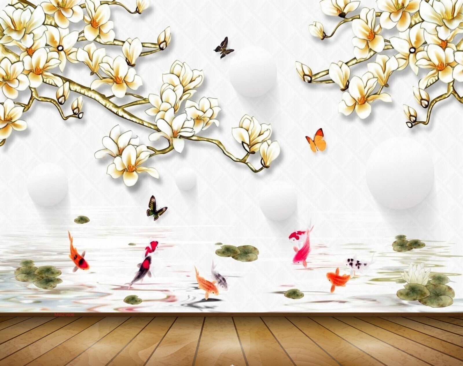 Avikalp MWZ1696 White Yellow Flowers Butterflies Fishes 3D HD Wallpaper