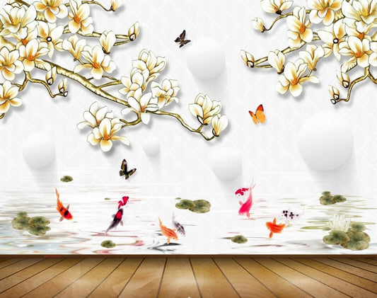 Avikalp MWZ1696 White Yellow Flowers Butterflies Fishes 3D HD Wallpaper