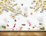 Avikalp MWZ1696 White Yellow Flowers Butterflies Fishes 3D HD Wallpaper