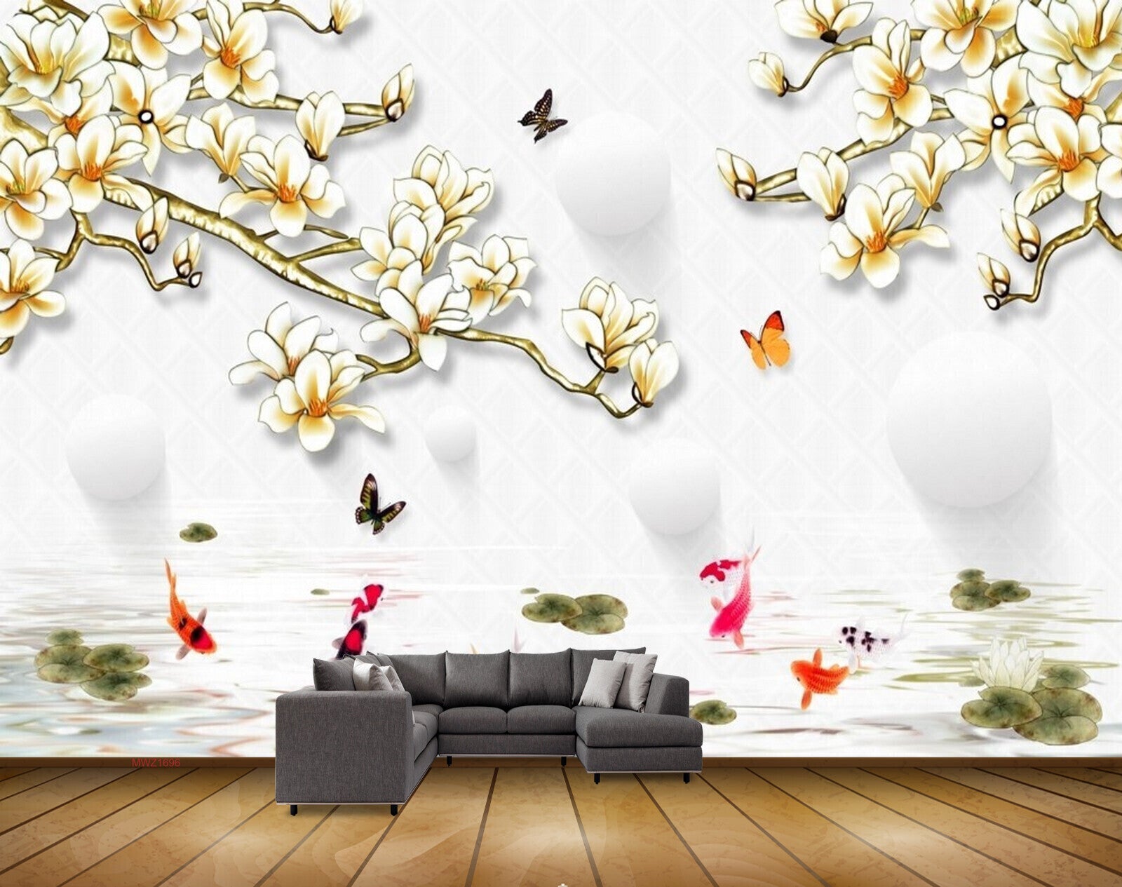 Avikalp MWZ1696 White Yellow Flowers Butterflies Fishes 3D HD Wallpaper