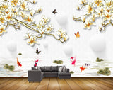 Avikalp MWZ1696 White Yellow Flowers Butterflies Fishes 3D HD Wallpaper