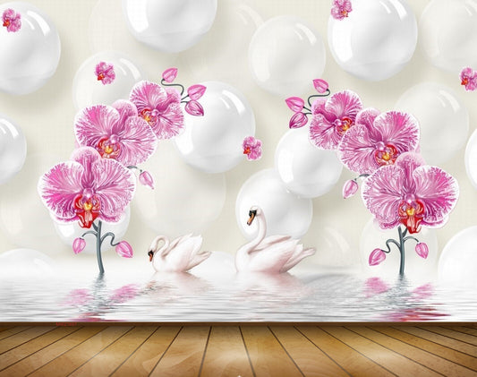 Avikalp MWZ1697 Pink Flowers Swans 3D HD Wallpaper