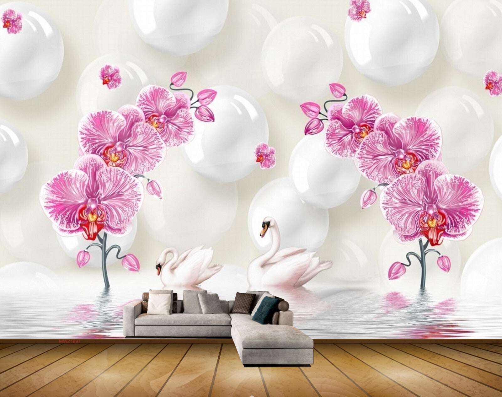 Avikalp MWZ1697 Pink Flowers Swans 3D HD Wallpaper