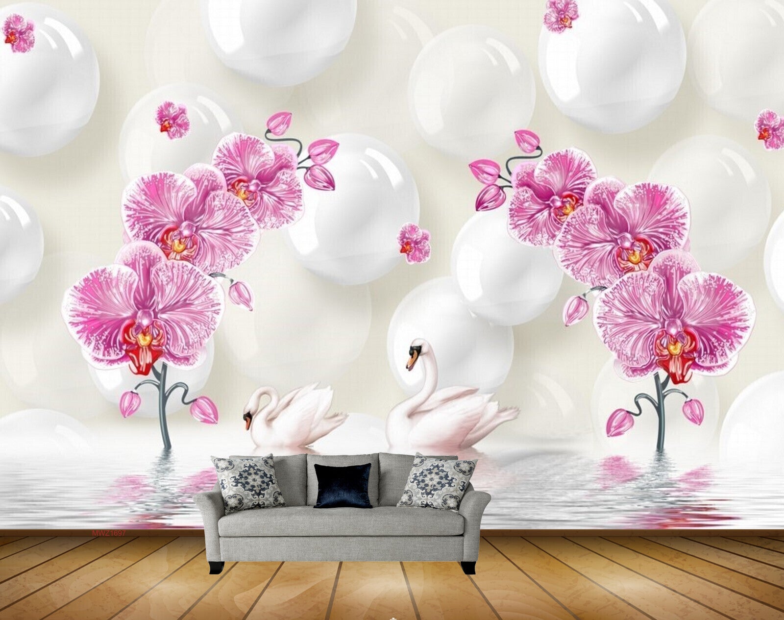 Avikalp MWZ1697 Pink Flowers Swans 3D HD Wallpaper