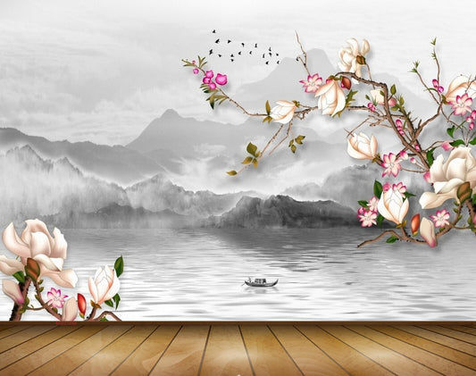 Avikalp MWZ1698 Pink White Flowers River 3D HD Wallpaper