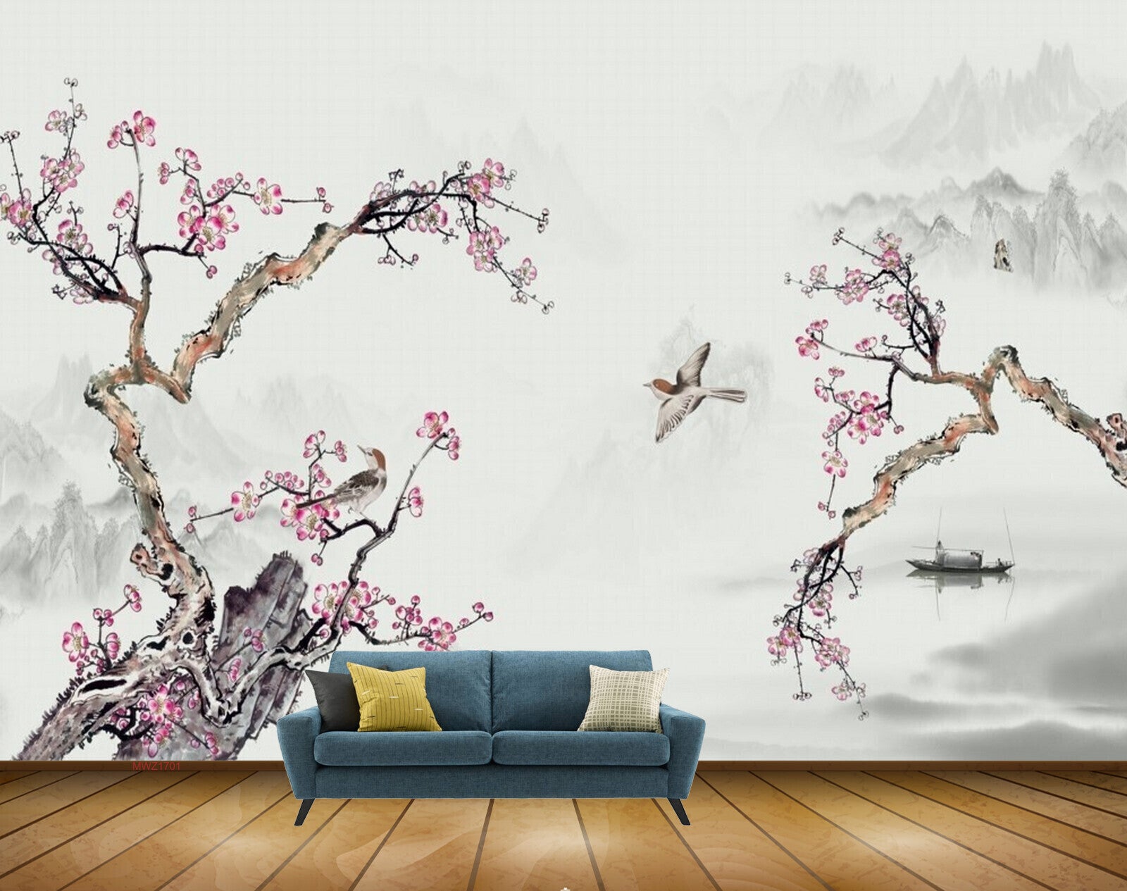 Avikalp MWZ1701 Pink White Flowers Birds Boat HD Wallpaper