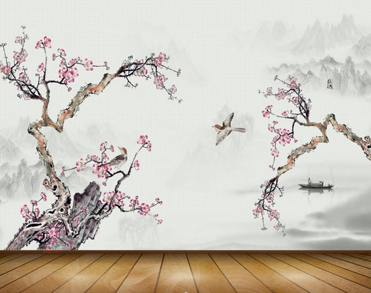 Avikalp MWZ1701 Pink White Flowers Birds Boat 3D HD Wallpaper