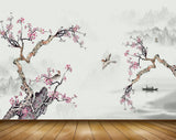 Avikalp MWZ1701 Pink White Flowers Birds Boat 3D HD Wallpaper