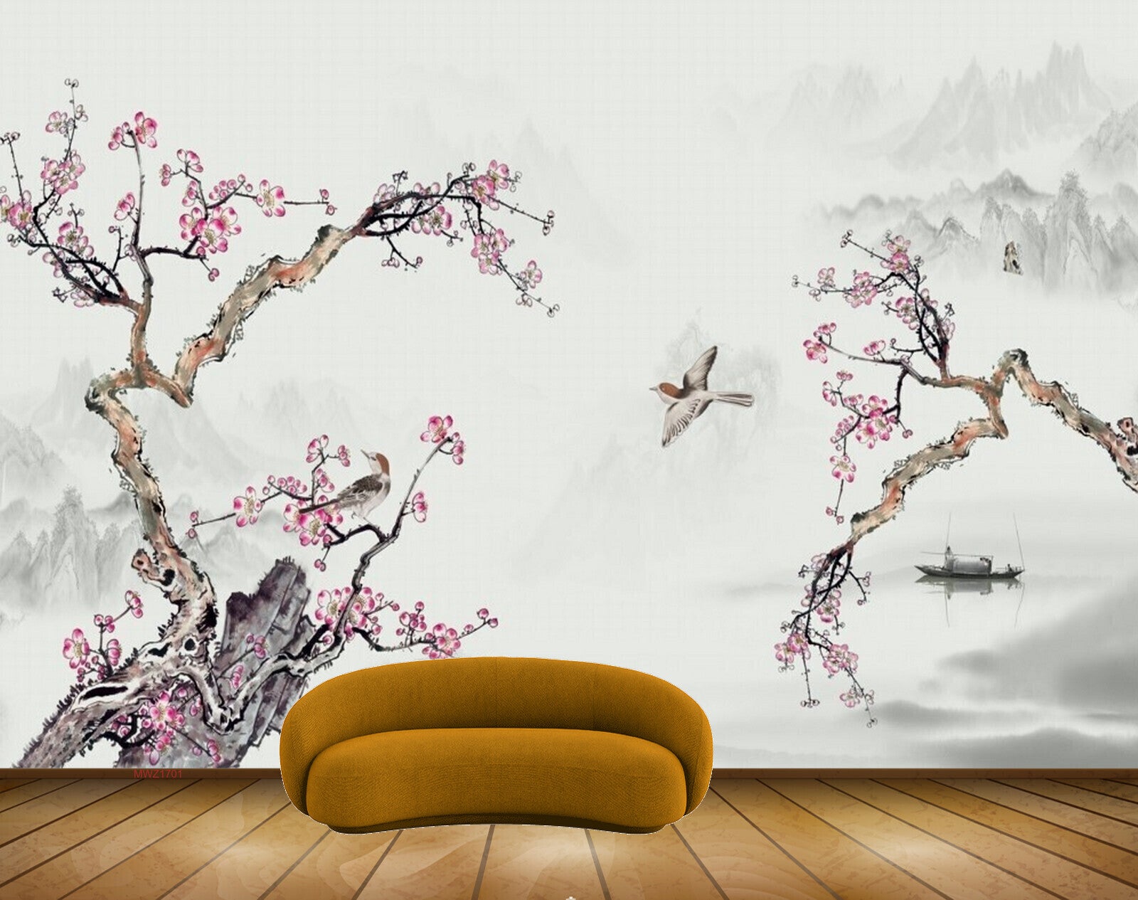 Avikalp MWZ1701 Pink White Flowers Birds Boat 3D HD Wallpaper