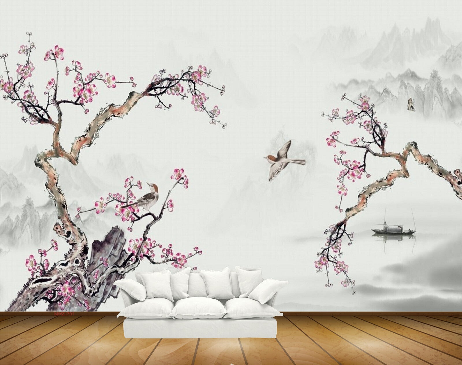 Avikalp MWZ1701 Pink White Flowers Birds Boat 3D HD Wallpaper