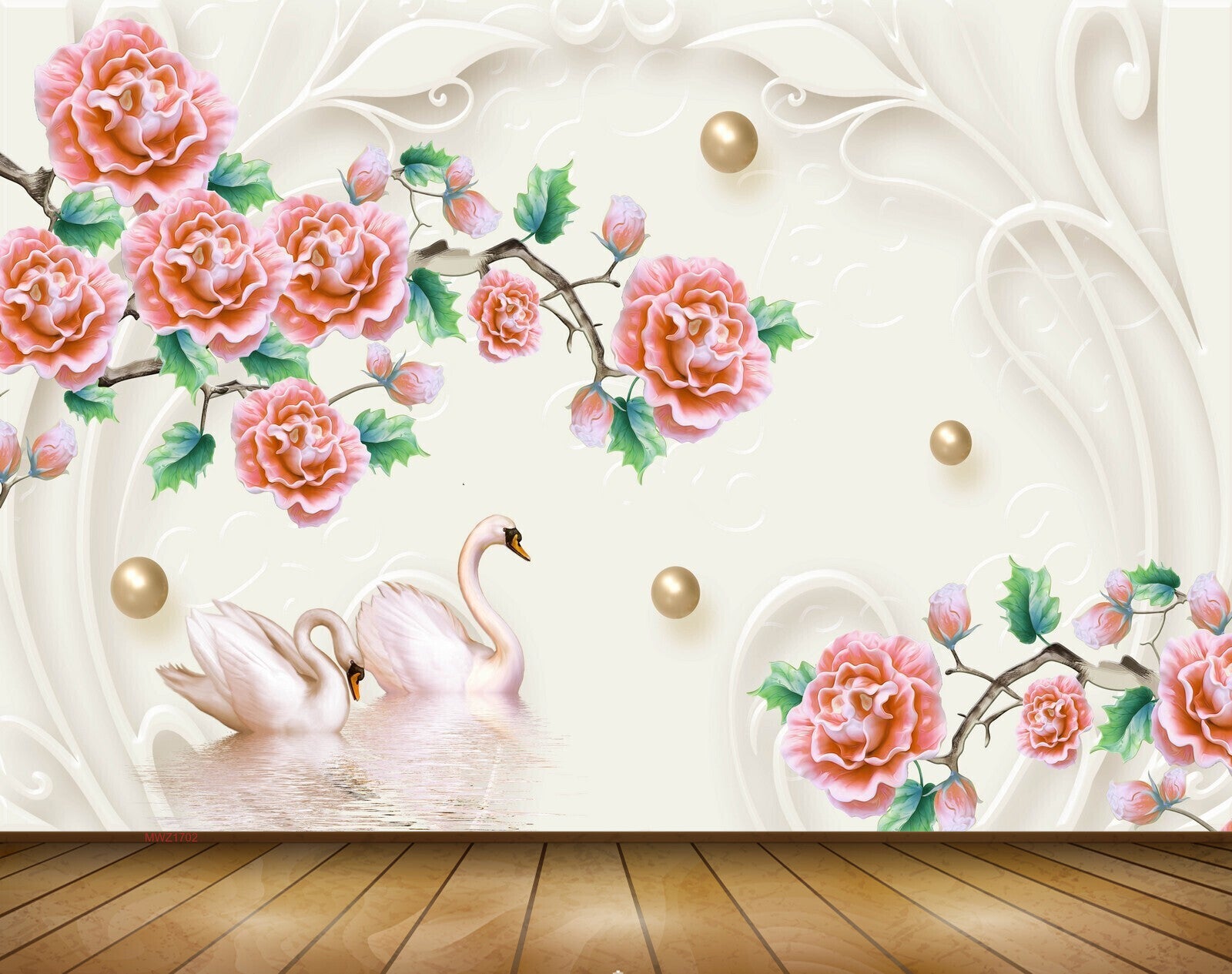 Avikalp MWZ1702 Pink Flowers Swans 3D HD Wallpaper