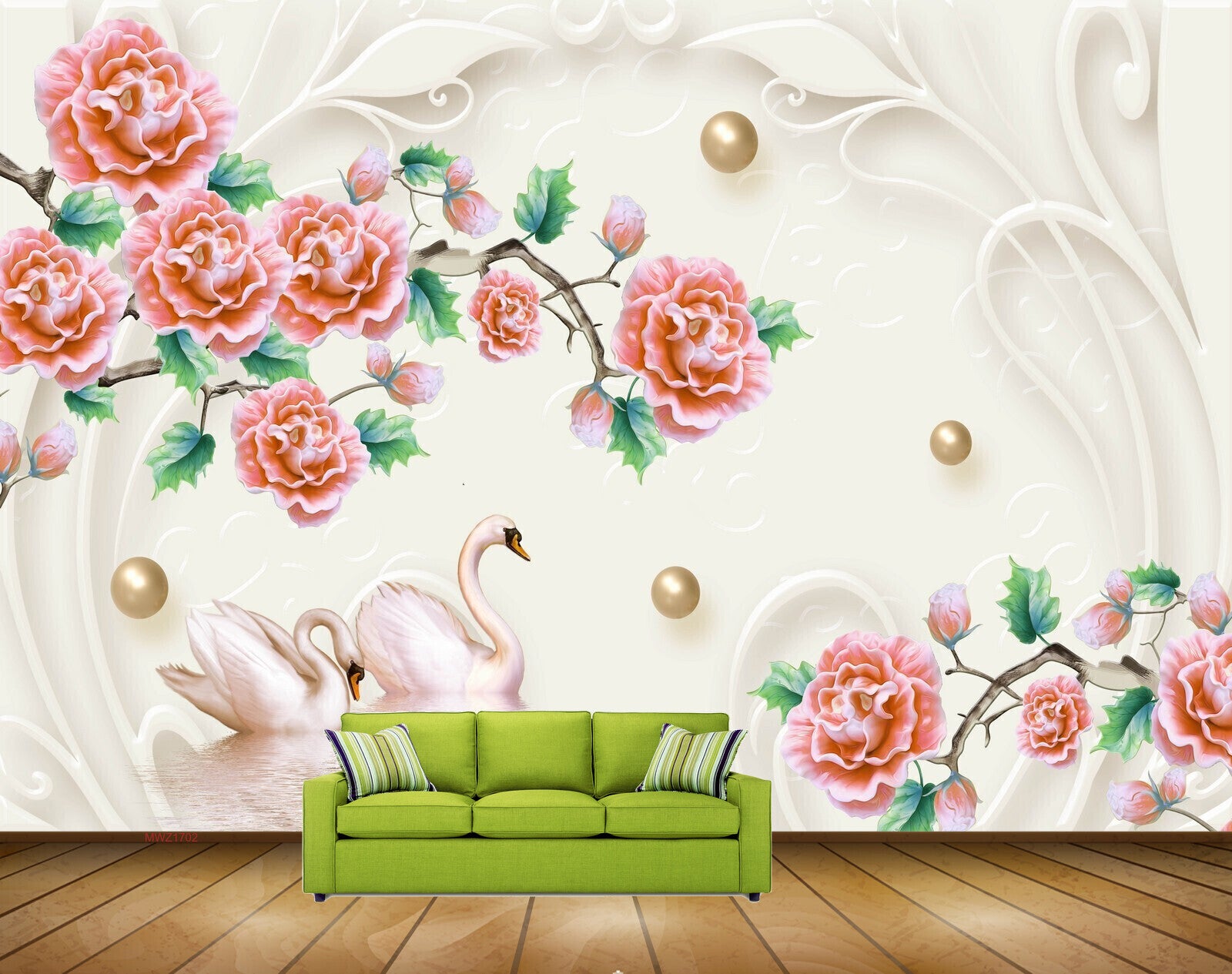 Avikalp MWZ1702 Pink Flowers Swans 3D HD Wallpaper