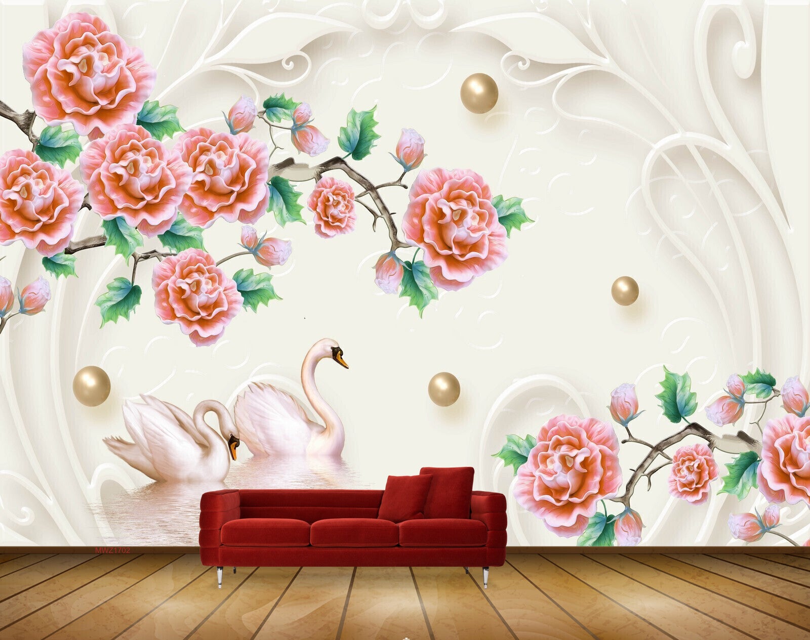 Avikalp MWZ1702 Pink Flowers Swans 3D HD Wallpaper