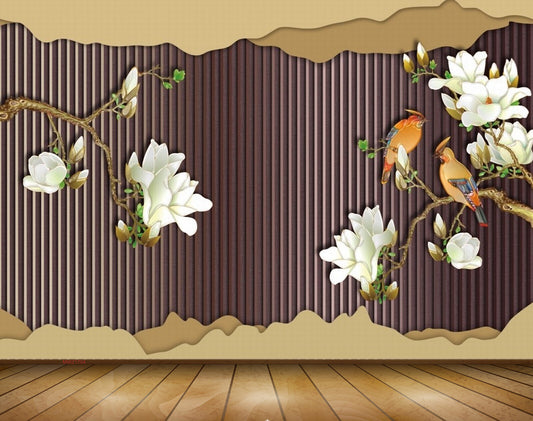 Avikalp MWZ1704 White Flowers Birds 3D HD Wallpaper
