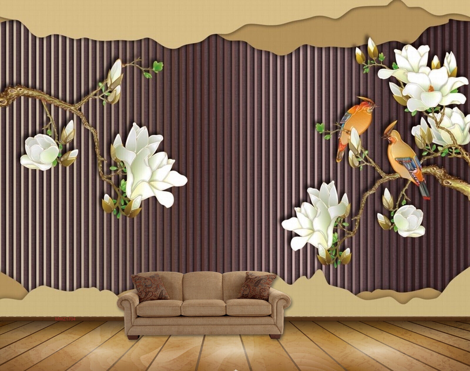 Avikalp MWZ1704 White Flowers Birds 3D HD Wallpaper