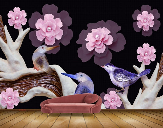 Avikalp MWZ1705 Pink Flowers Birds HD Wallpaper