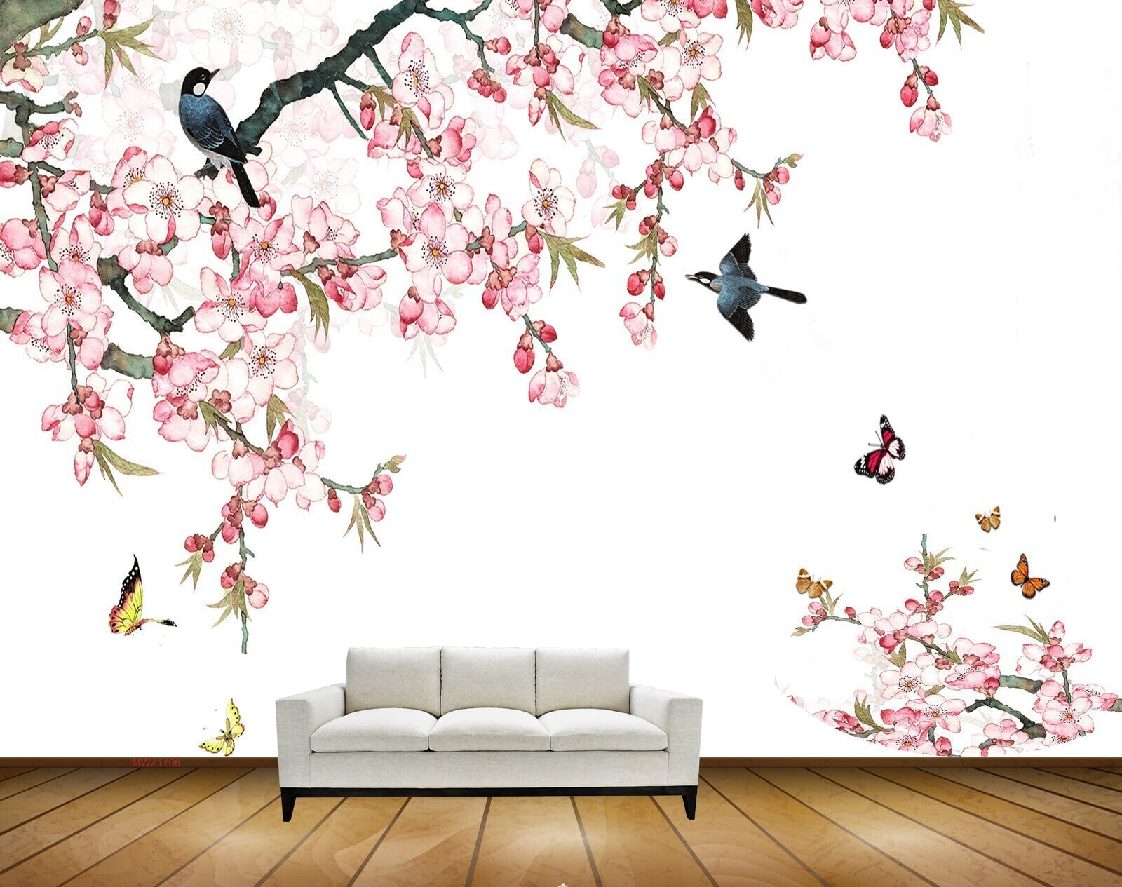 Avikalp MWZ1706 Pink Flowers Birds Butterflies HD Wallpaper