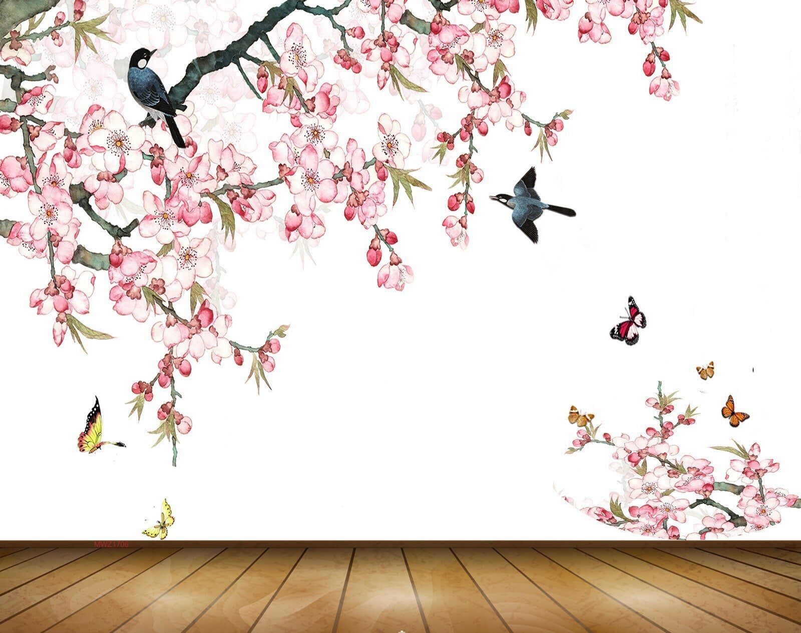 Avikalp MWZ1706 Pink Flowers Birds Butterflies 3D HD Wallpaper