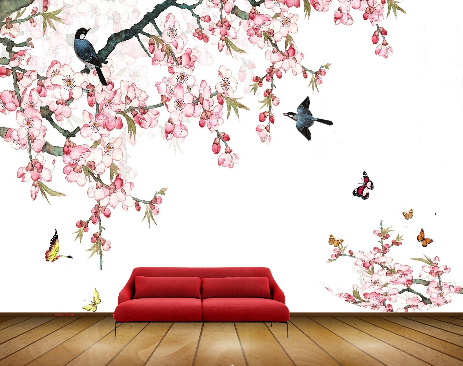 Avikalp MWZ1706 Pink Flowers Birds Butterflies 3D HD Wallpaper