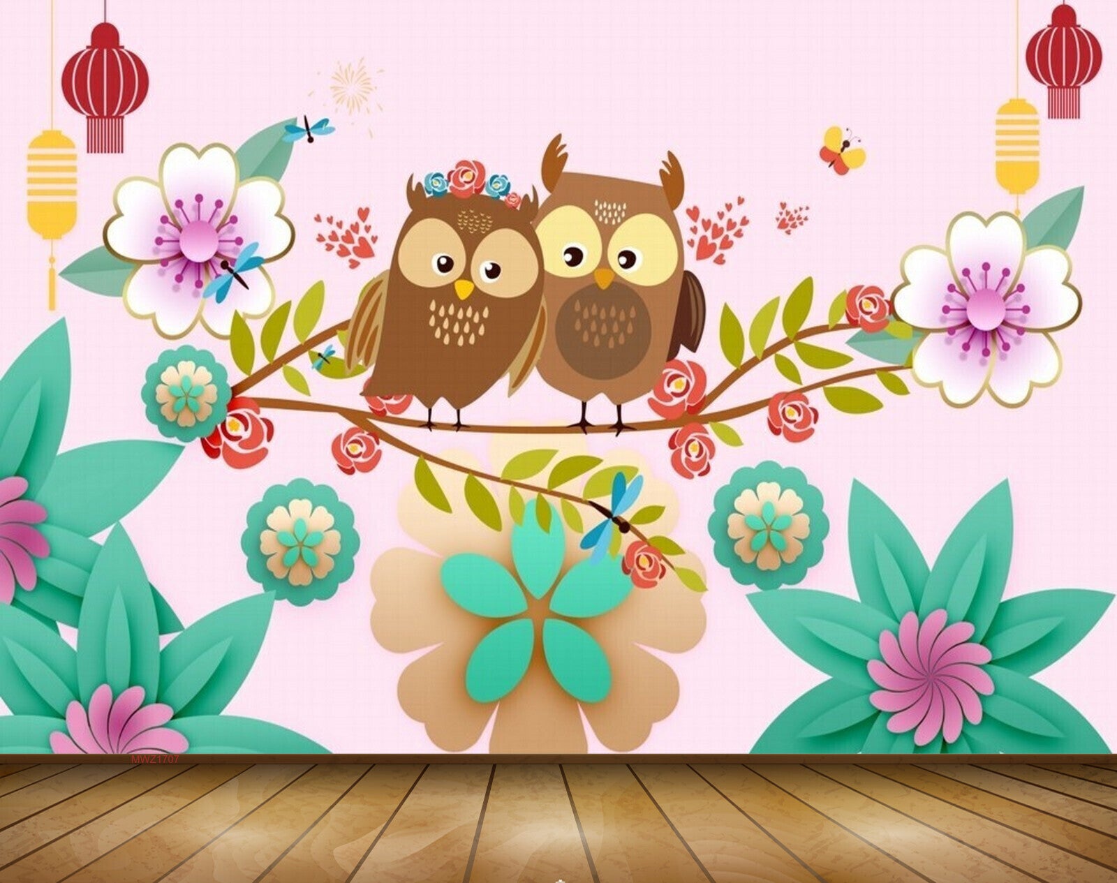 Avikalp MWZ1707 Pink White Flowers Owls 3D HD Wallpaper
