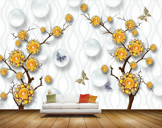 Avikalp MWZ1717 Yellow Flowers Butterflies HD Wallpaper