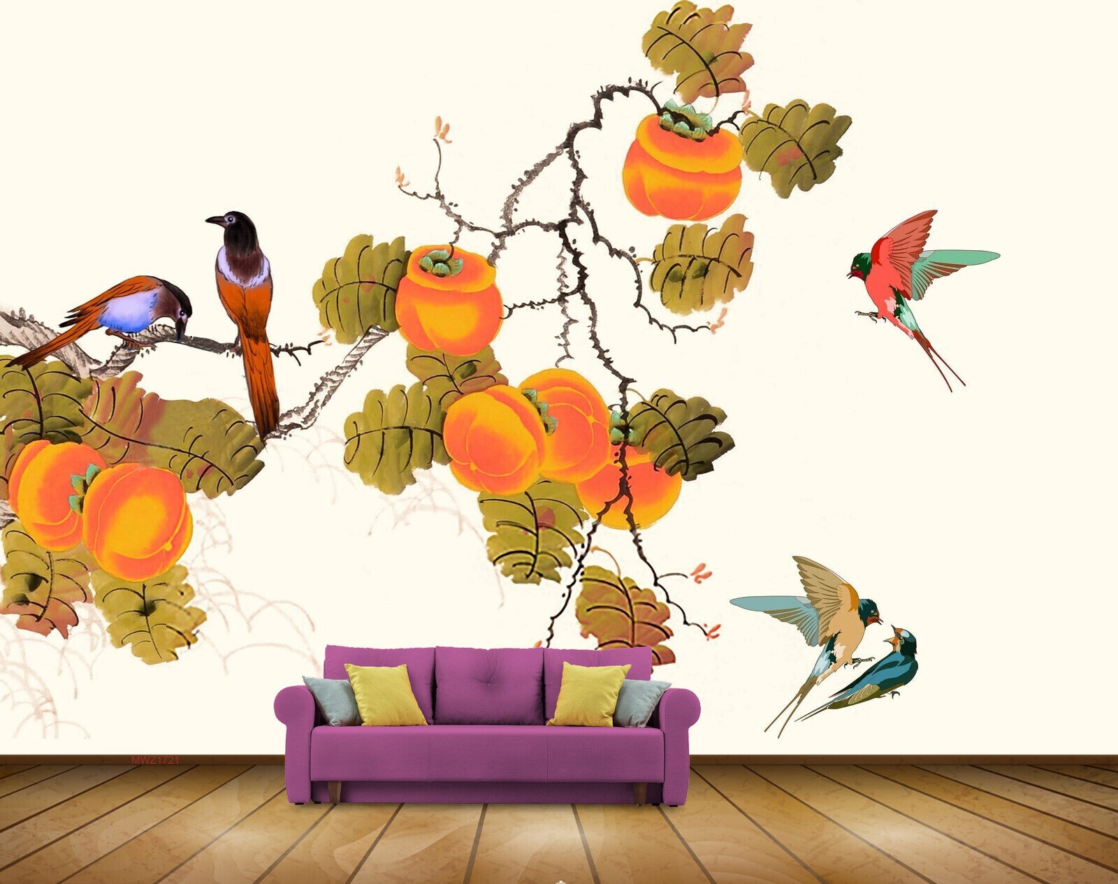 Avikalp MWZ1721 Orange Flowers Birds Leaves HD Wallpaper