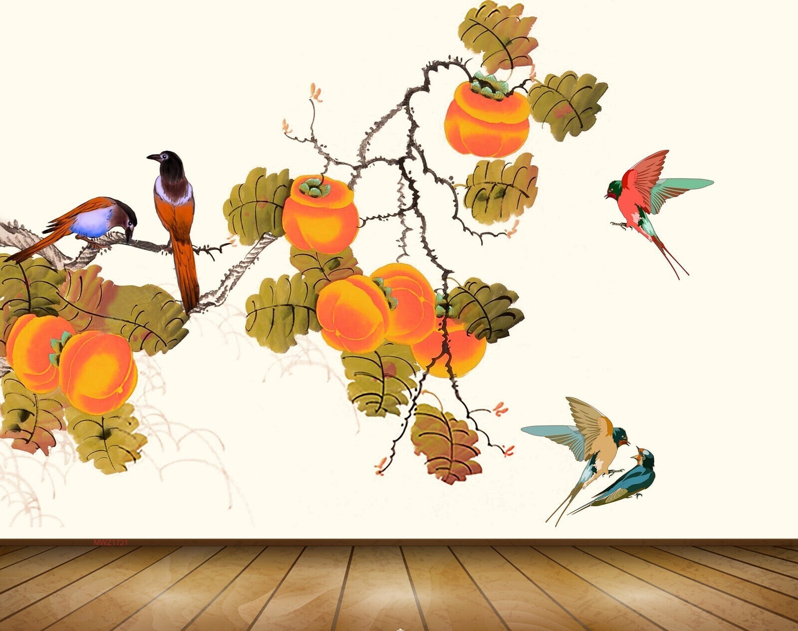 Avikalp MWZ1721 Orange Flowers Birds Leaves 3D HD Wallpaper