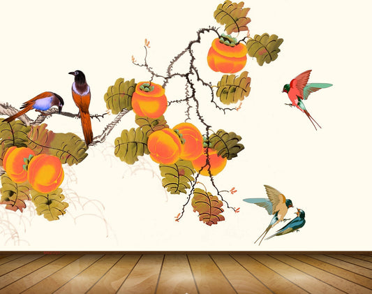 Avikalp MWZ1721 Orange Flowers Birds Leaves 3D HD Wallpaper