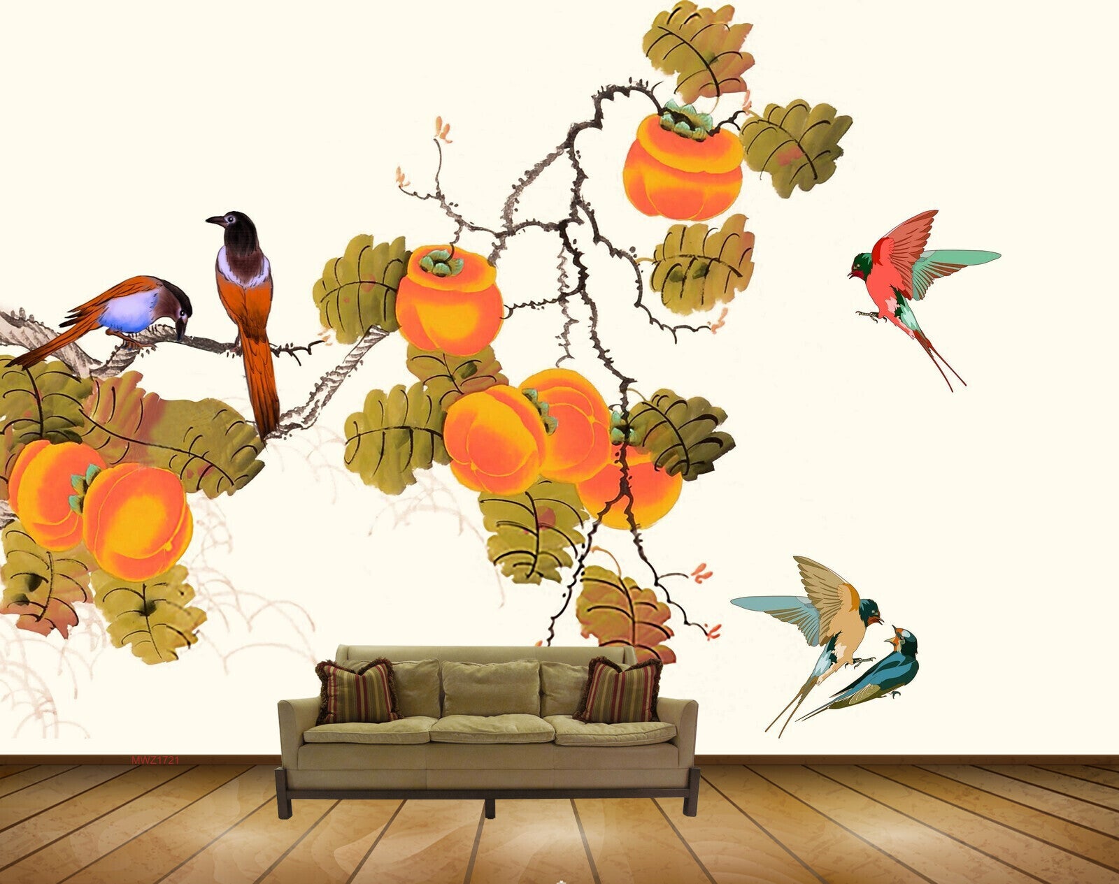 Avikalp MWZ1721 Orange Flowers Birds Leaves 3D HD Wallpaper