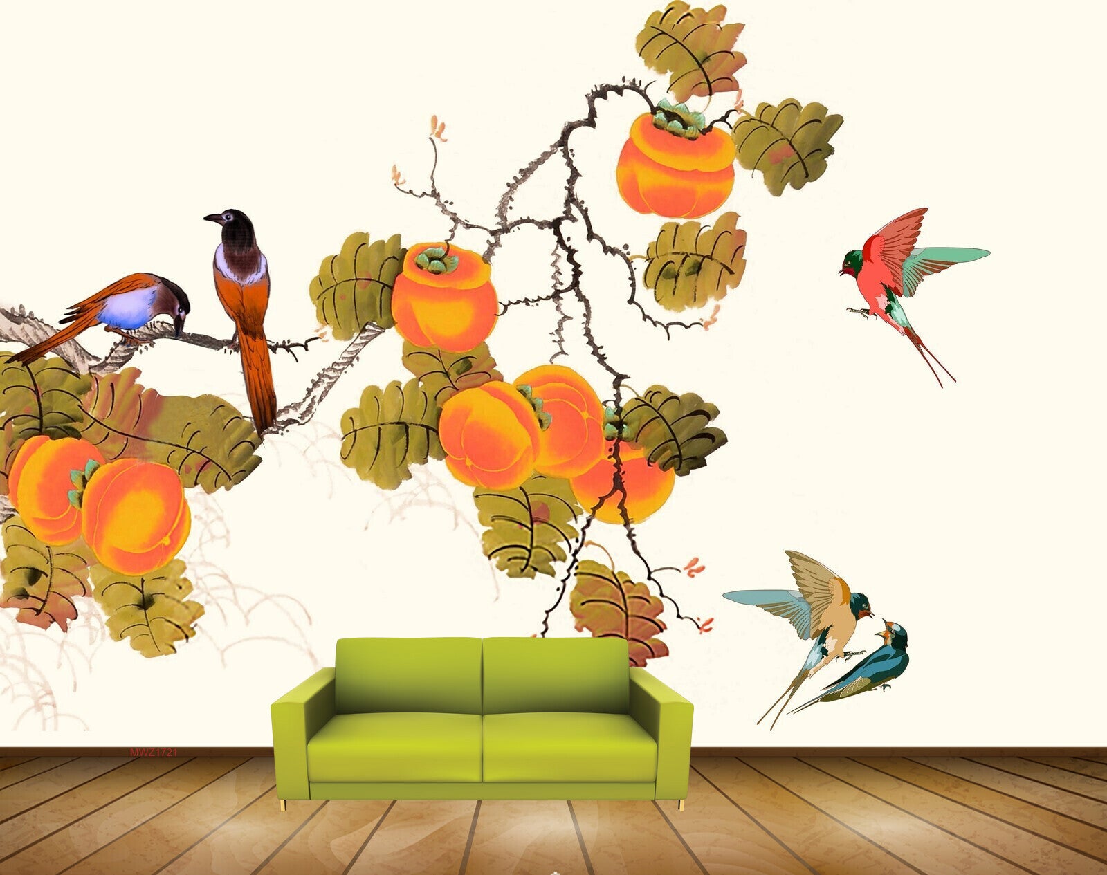 Avikalp MWZ1721 Orange Flowers Birds Leaves 3D HD Wallpaper