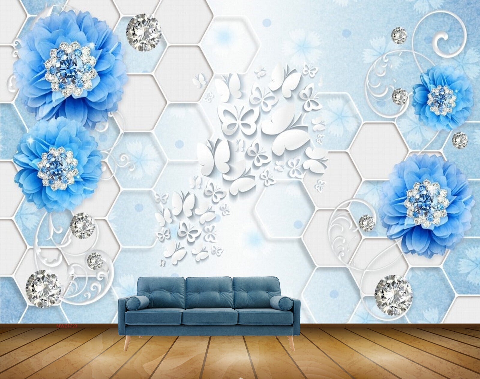 Avikalp MWZ1723 Blue Flowers Butterflies HD Wallpaper