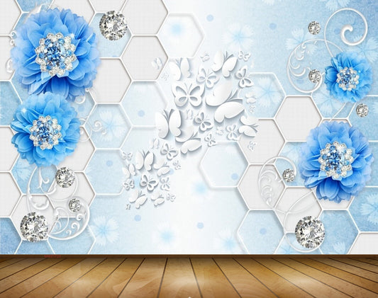 Avikalp MWZ1723 Blue Flowers Butterflies 3D HD Wallpaper