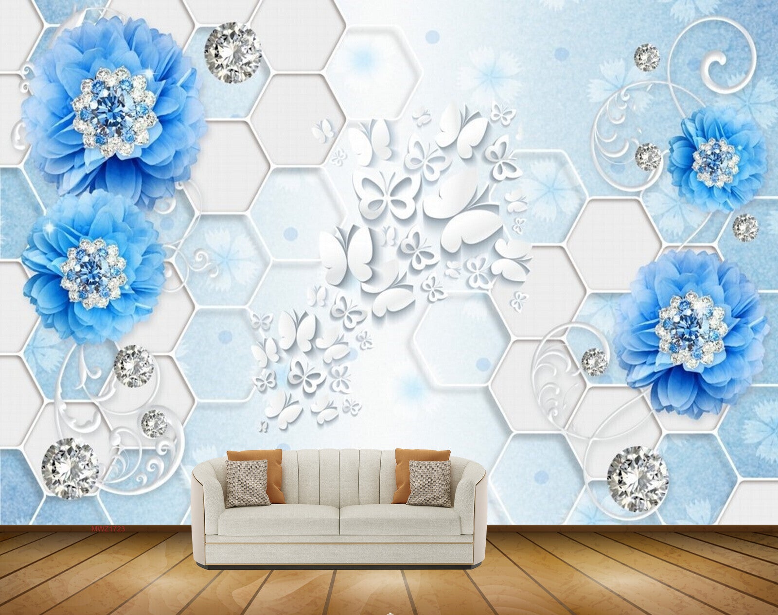 Avikalp MWZ1723 Blue Flowers Butterflies 3D HD Wallpaper