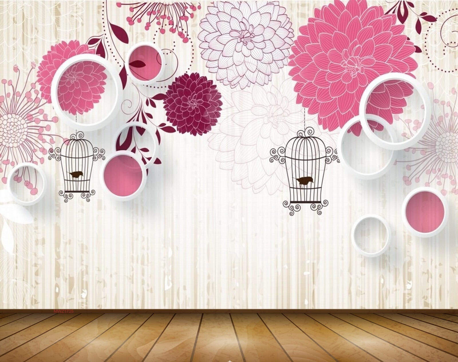 Avikalp MWZ1725 Pink Flowers Leaves Birds Cage 3D HD Wallpaper