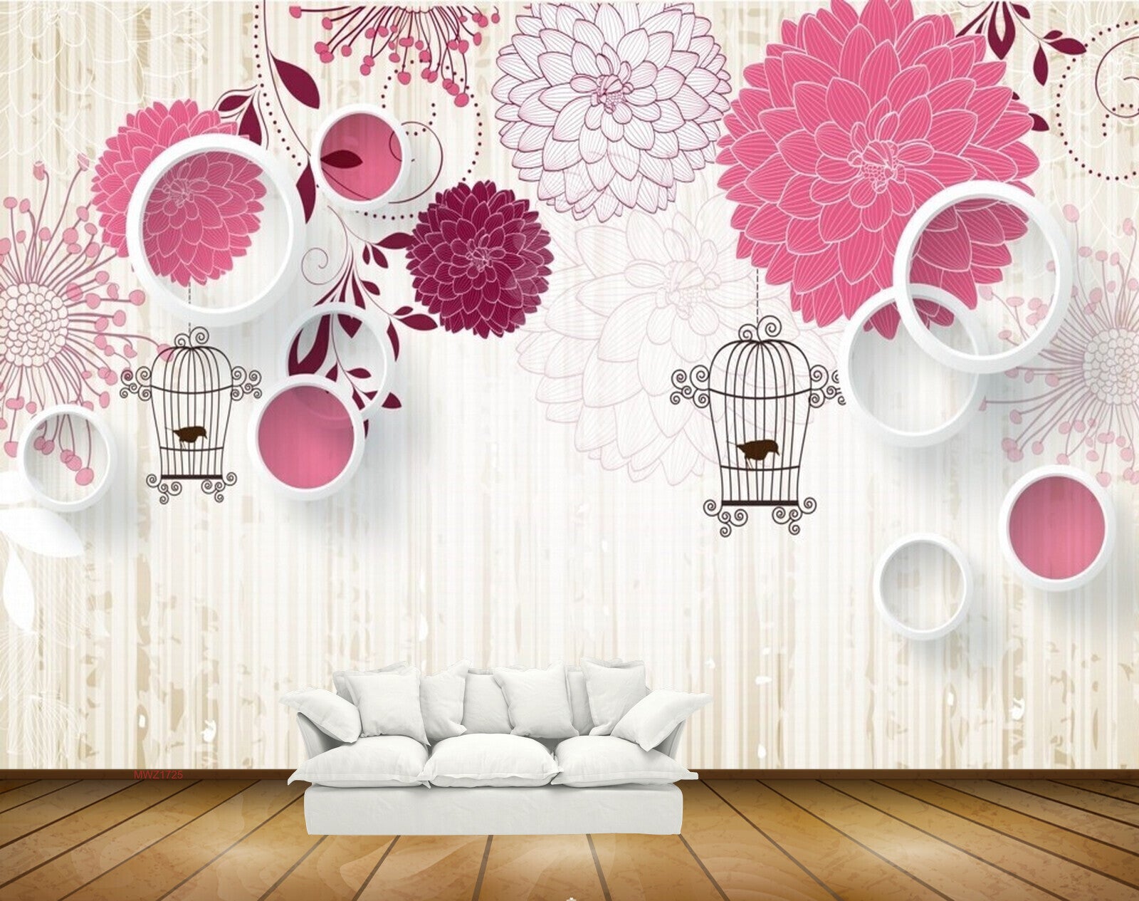 Avikalp MWZ1725 Pink Flowers Leaves Birds Cage 3D HD Wallpaper